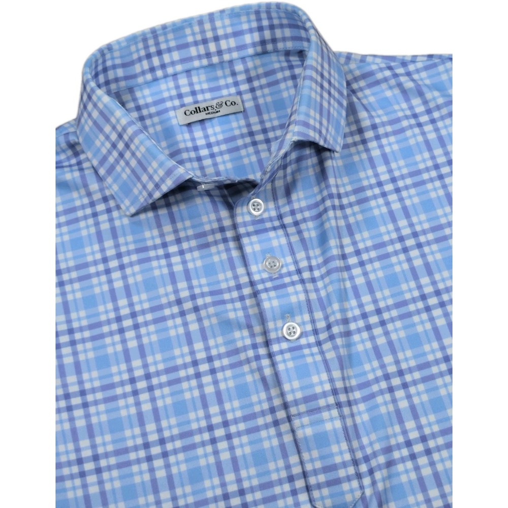 Collars & Co Polo Shirt Mens M Medium Blue Plaid Dress Collar Short Sleeve Golf